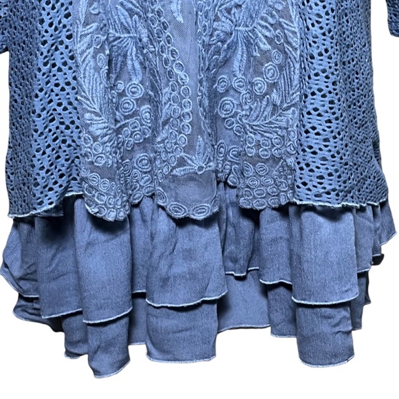Ali Miles Size 1X Blue Lace Overlay Tunic Top Ruffle Tiered Lagenlook 3/4 Sleeve - Picture 6 of 10